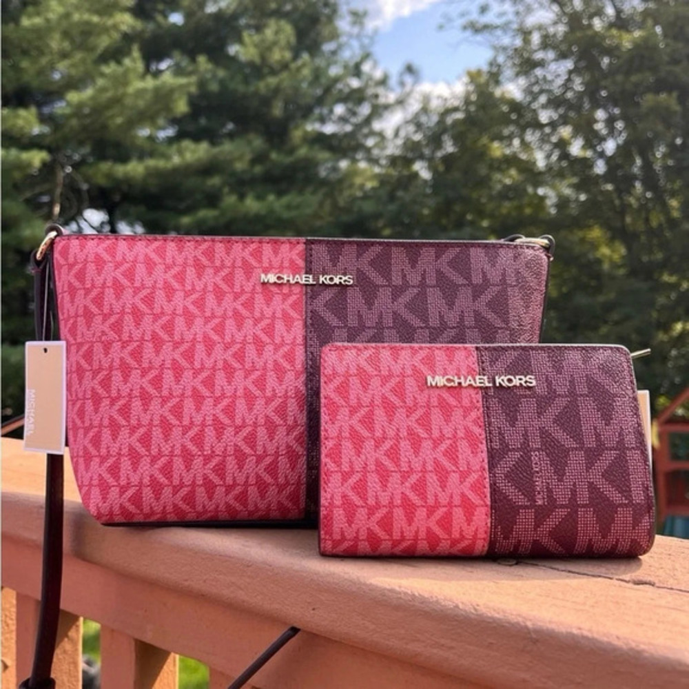 Michael Kors Oxblood MK Logo Crossbody Bag & Wallet Set Gold Hardware NWT